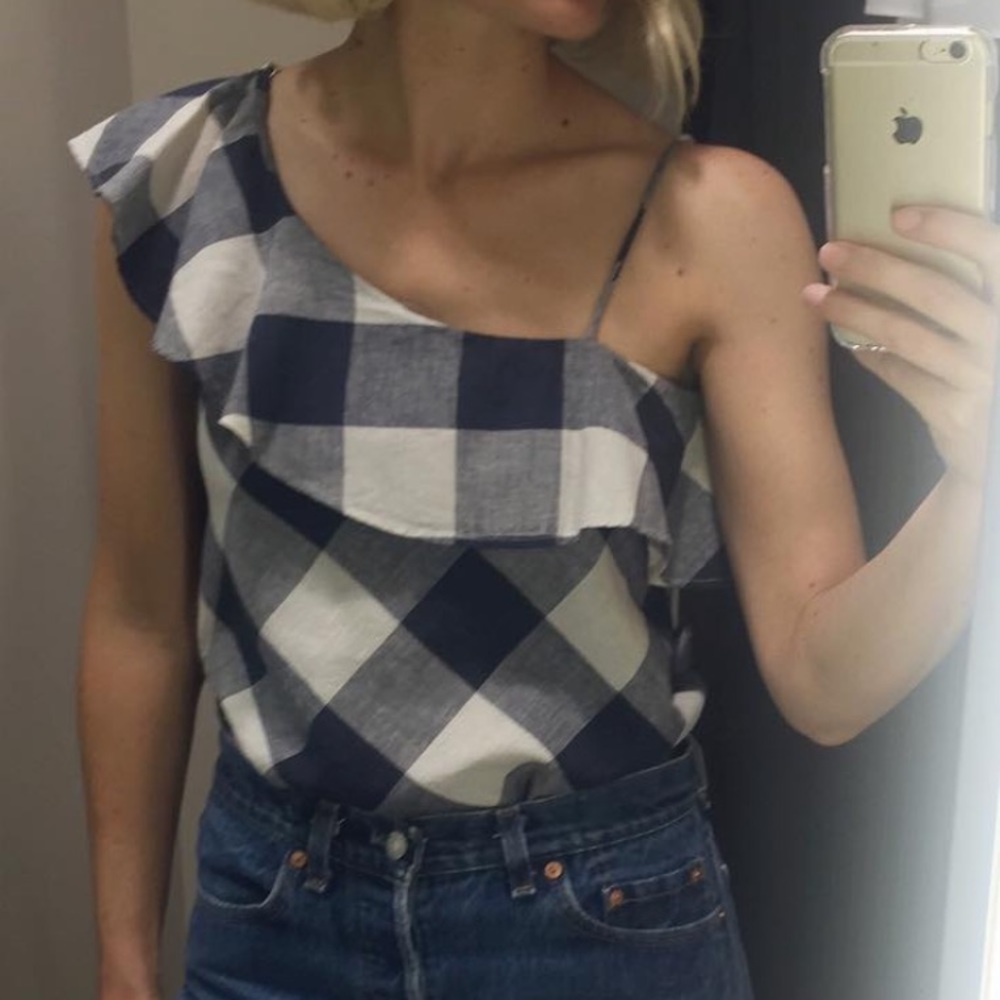 Zara Basic Gingham One Shoulder Blouse In Navy An… - image 1